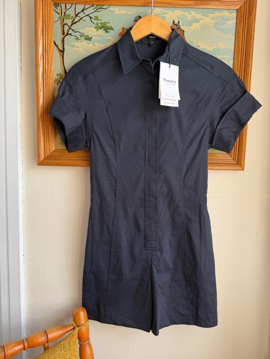 Theory Pants - Theory Linen Shirt Romper Concord Navy Short Sleeve Size 00 Button Up NWT